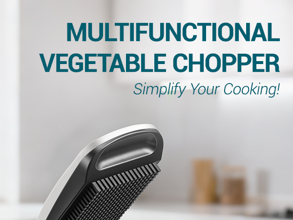 Text reads 'MULTIFUNCTIONAL VEGETABLE CHOPPER' and 'Simplify Your Cooking!' Product photos showing kitchen chopping device with multiple attachments.