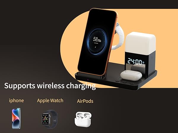 Wireless Charger for iPhone, 6in1 Fast Phone Charger Stand Dock Alarm Clock Night Light