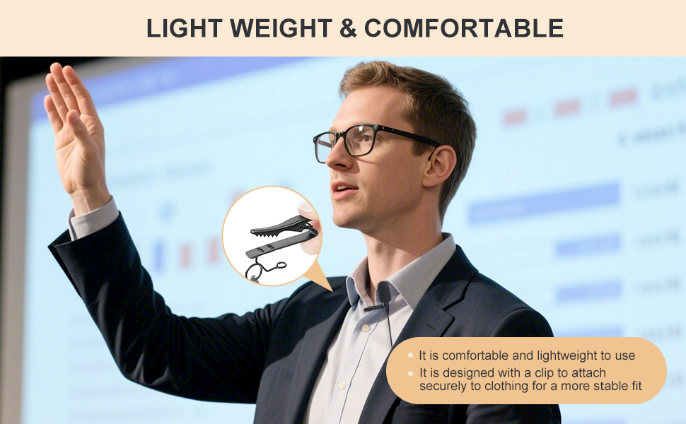Text reads 'LIGHT WEIGHT &amp; COMFORTABLE'. Presentation-style images showing a speaker gesturing and presenting in a professional setting.
