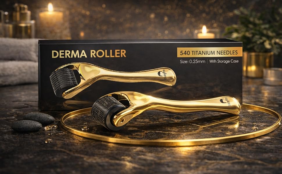 derma roller in a luxury aesthetic spa setting on a marble counter