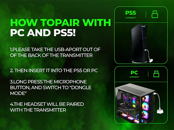 Plug in the USB transmitter and long press the mic button for "Dongle Mode."