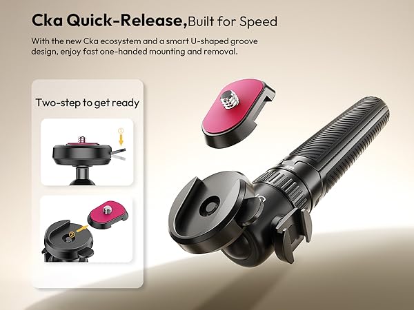 Text reads 'CKD Quick-Release point for speed'. Product assembly images showing black mechanical components with pink accents in various stages of connection.