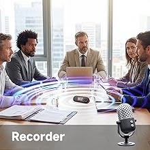 Text reads "Recorder". Four professionals seated at conference table with microphone recording device centered, large windows visible in background.