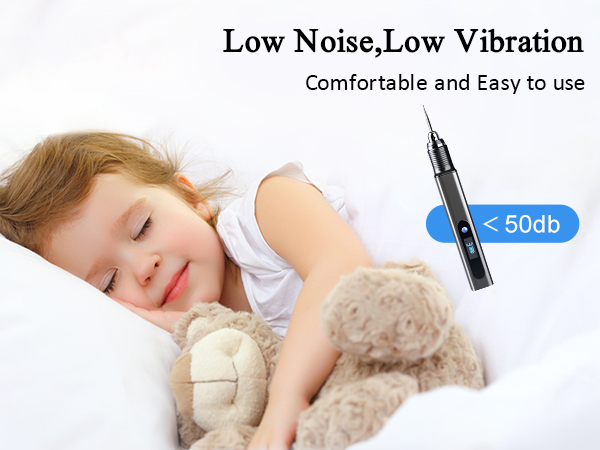 Handheld electronic device with metal tip, advertised as low noise and vibration. Text claims it's comfortable and easy to use, with noise level below 50db.