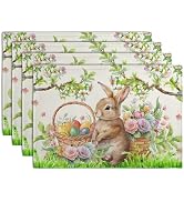 Easter Rabbit Placemats Set of 4 Spring Easter Egg Bunny Flowers Floral Place Mat 12x18 Inch Seas...