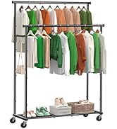 Ekisemio Double Rod Clothing Garment Rack on Wheels, 45 Inches Clothes Rack with Mesh Bottom Shel...