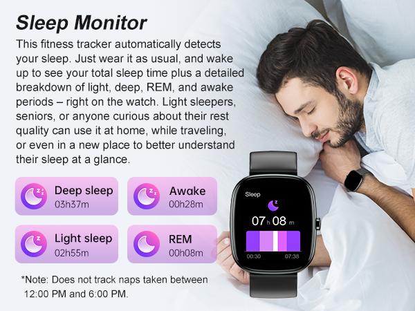 Fitness tracker auto sleep monitoring: light, deep, REM, awake times. For seniors, light sleepers.