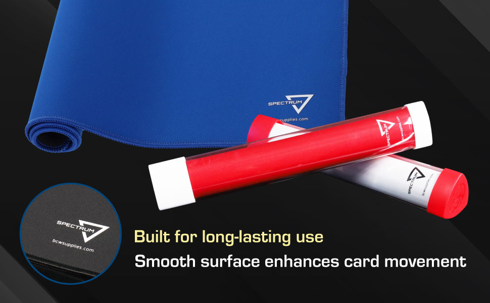 Close-up of blue Spectrum Gaming Playmat and carrying tubes, highlighting its durable surface.
