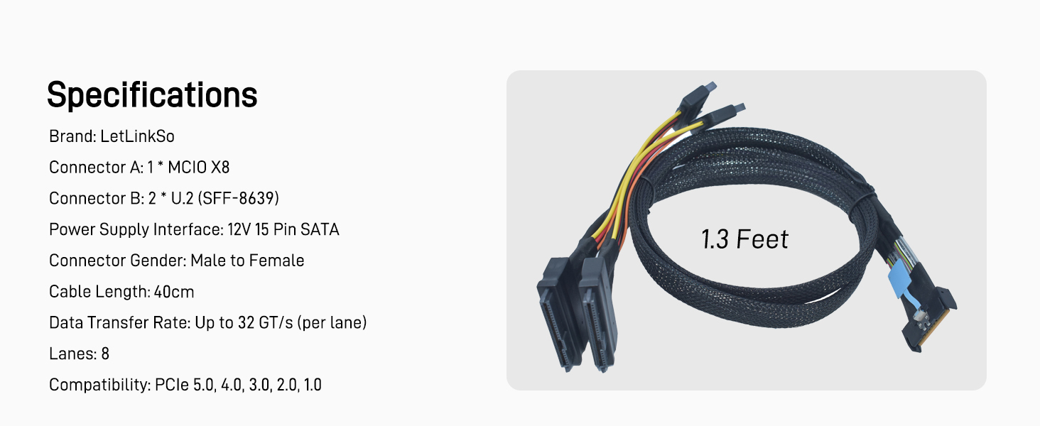 LetLinkSo Gen5 PCIe 5.0 MCIO x8 to U.2 SFF-8639 8i NVMe SSD Connector Adapter Cable