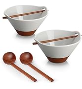 MALACASA 42 oz Ceramic Ramen Bowl Set with Wooden Spoon &amp; Chopsticks, Japanese Style Soup Bowls f...