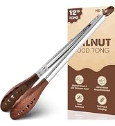 12-Inch Wooden Tongs for Cooking - Heat Resistant Natural Walnut Wood Kitchen Tongs, Stainless St...