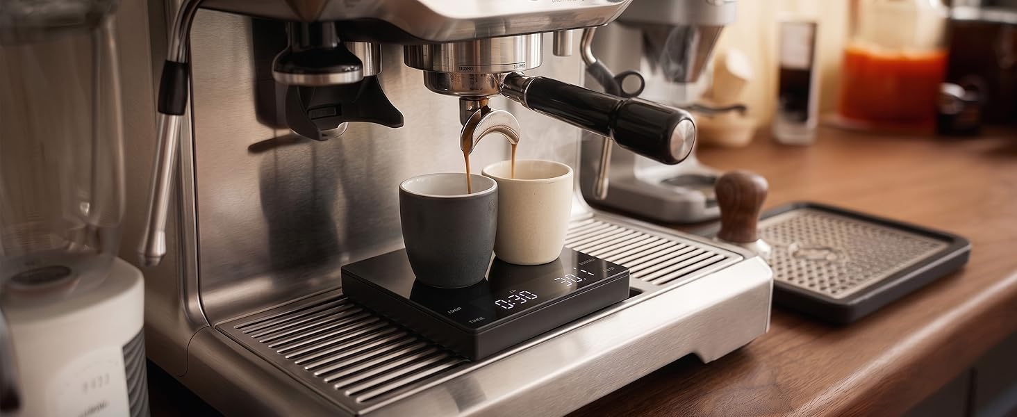espresso scale with timer for home barista, compact digital scale on espresso machine drip tray