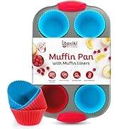 Boxiki Kitchen Non-Stick Steel 6 Cup Muffin Pan with Silicone Handles and Reusable Liners - Perfe...
