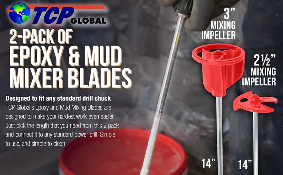TCP Global 14" Paint Mixer Set-2 Paddle Mixers 1/4" Round &amp; 5/16" Hex Shafts, Mix Paint Resin &amp; More