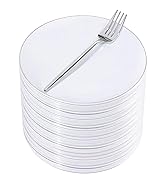 Rubtlamp 100Pcs Silver Plastic Dessert Plates 7.5inch,100Pcs Disposable Silver Forks,White Plasti...