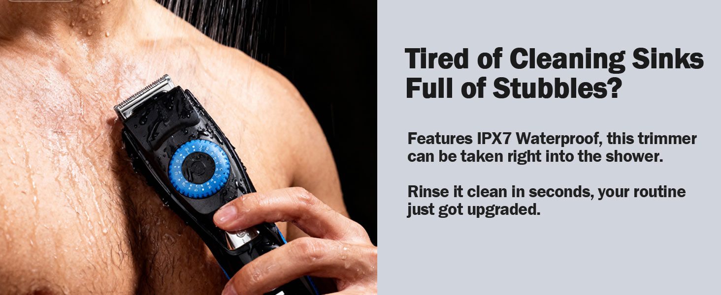  IPX7 waterproof hair clipper being rinsed under water faucet for easy cleaning.