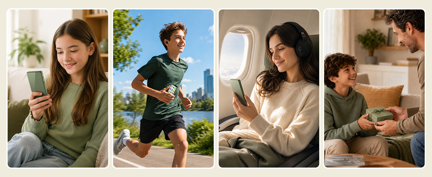 Sage green PECSU G4 music player used at home, while running, on a flight, and as a gift.