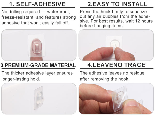 adhesive wall hook; sticky wall hooks; peel and stick hooks; no drill hooks for hanging