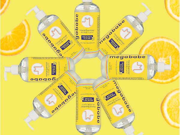 Hand sanitizer on yellowbackground.