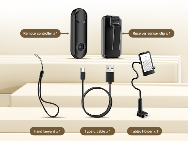 Product diagram showing various components: 'Regular controller x1', 'Regular sensor x1', 'Hand sensor x1', 'Type-c cable x1', 'Table holder x1'. Black electronic devices on beige surface.