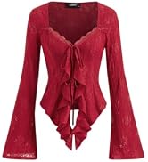 CIDER Women Going Out Tops Mesh Lace Y2k Long Sleeve Tie Front Top | Bell Sleeve, Square Neck, Co...