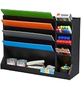 Wooden Wall File Organizer, 4-Tier Vertical Hanging /desktop File Holder with Pencil storage and ...