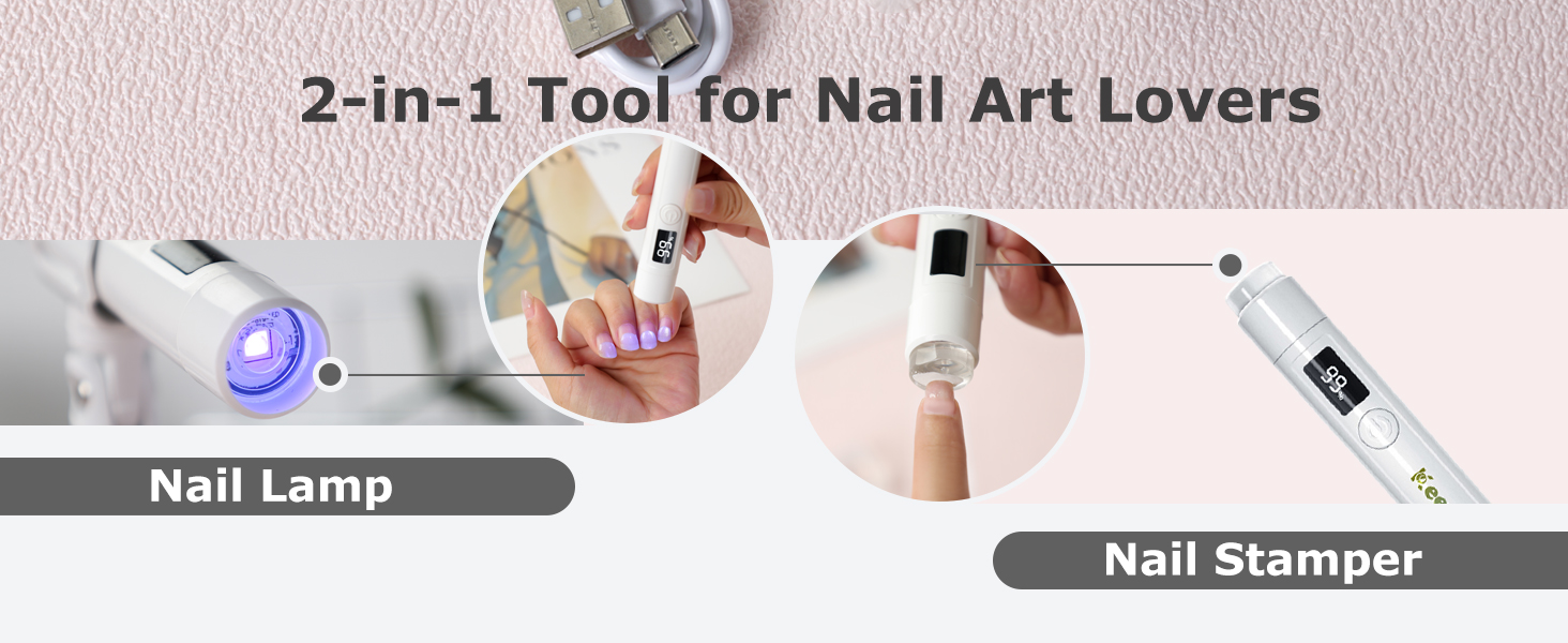 Dual-use mini nail lamp for curing gel polish and stamping nail art designs with silicone stamper
