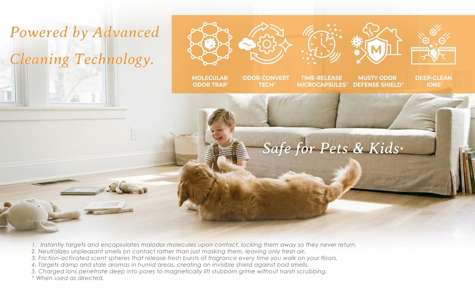 Pet friendly floor cleaner technology with odor trap and deep clean ions, safe for kids
