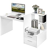 Tangkula White Desk with 2 Storage Drawers &amp; Bookshelf, Home Office Desk with Corner Bookshelf &amp; ...