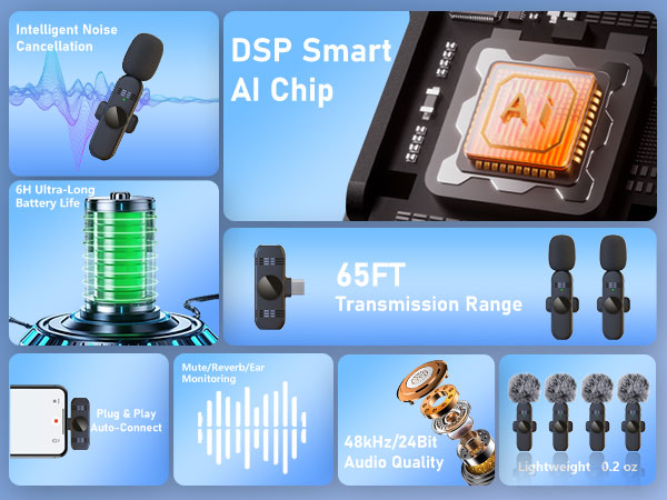 4 Wireless Lavalier Microphones Systems for iPhone Android Phone Pad Computer
