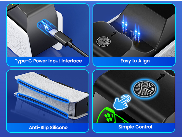 Blue-tinted product feature panels showing 'Easy to Align', 'Anti-Slip Silicone', and 'Simple Control' with technical illustrations demonstrating functionality.