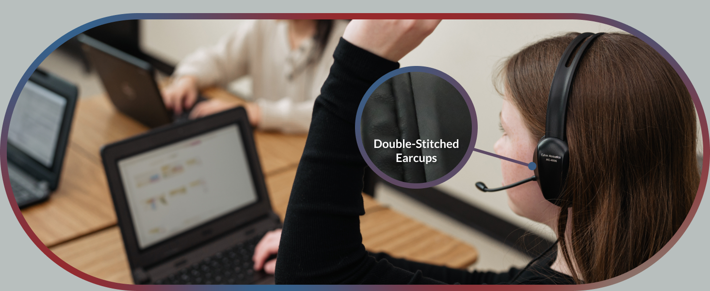 Closeup of a student sitting at their desk, featuring the AC-4000 3.5mm classroom headset