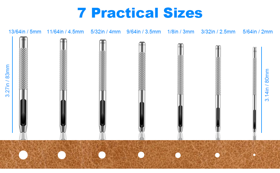 7pcs hollow leather practical sizes (5/64, 3/32, 1/8, 9/64, 5/32, 11/64, 13/64in)