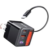 65W Retractable Wall Charger, USB C Charger Block Built-in Type C Cable &amp; Dual Port, PD PPS Fast ...