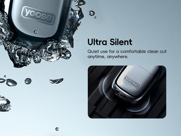Yoose electric shaver with water-resistant design. Main image shows device surrounded by water splashes. Inset image displays the shaver in a charging dock. Text highlights 'Ultra Silent' operation.