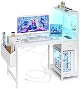 Grandder Gaming Desk 40 Inch with Power Outlet and LED Light, Computer Desk with Reversible Shelv...