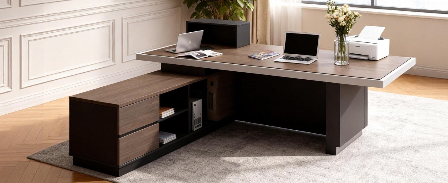 86.6” Luxury L-Shaped Office Desk, Large Executive Office Desk with Storage