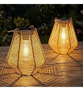 pearlstar Solar Lanterns Outdoor Waterproof 2Pack Rattan Woven Hanging/Table Solar Lights with Wa...