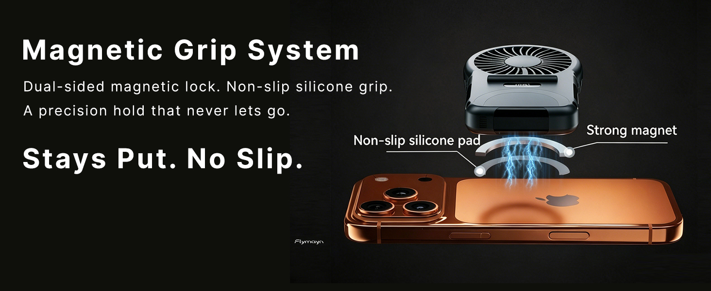 Dual-sided magnetic locking system with silicone grip fixes portable fan steadily on smartphones