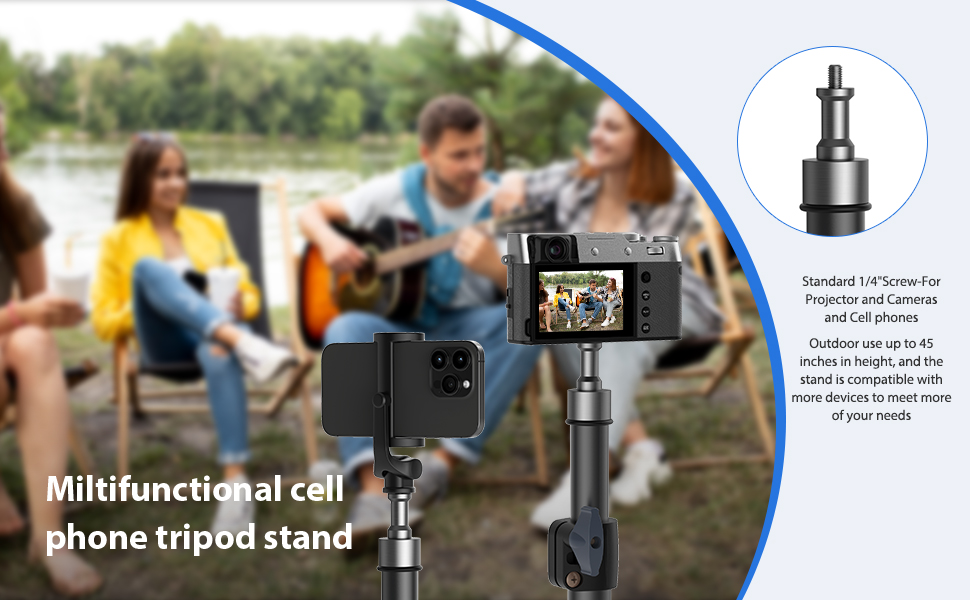 Multifunctional cell phone tripod stand with expandable grip and rotating ball head. Compatible with various devices, shown in use for group photography outdoors.