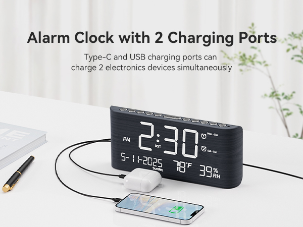 Alarm Clock with 2 Charging Ports