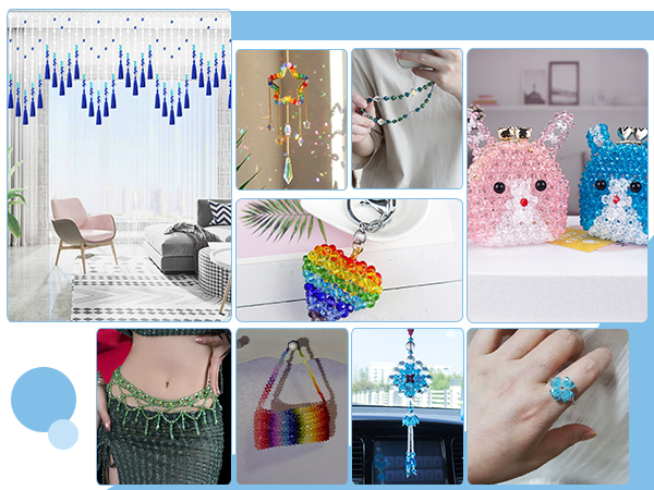 Collage of decorative items including rainbow crystals, blue tassels, pink and blue string lights, and various handmade craft accessories.
