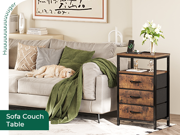 Nightstand with Charging Station, 27.6 Inch Side Table with Fabric Drawers