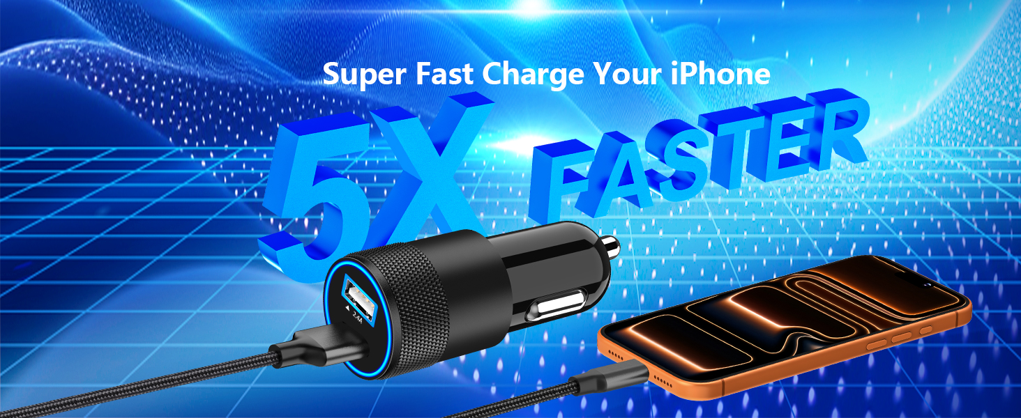 MFi Certified 2Pack 4.8A USB Car Power Cigarette Lighter Type-C Car Charger USB-C Carplay Charger