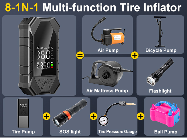 8 in 1 Tire Inflator Portable Air Compressor