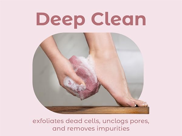 Close-up of feet being scrubbed with the exfoliating towel, removing dead skin.