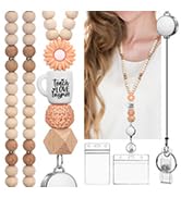 YAVVOZH Teacher Lanyard with Id Holder, Retractable Lanyards for Id Badges, Cute Wooden Beaded Ke...