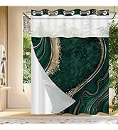 No Hook Shower Curtain with Snap in Liner, Green Marble Shower Curtain, Fabric Waterproof Inner L...
