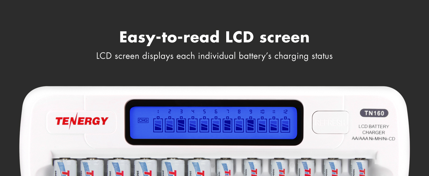 Easy to read LCD screen showing charging status for each battery
