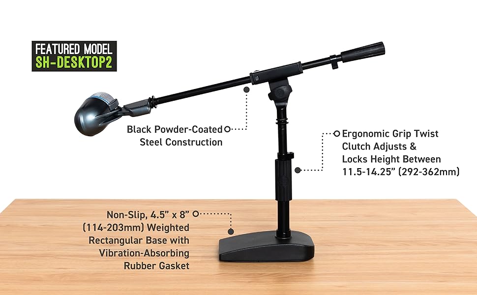 The SH-DESKTOP2 Weighted Base Microphone stand features a vibration absorbing rubber Gasket!